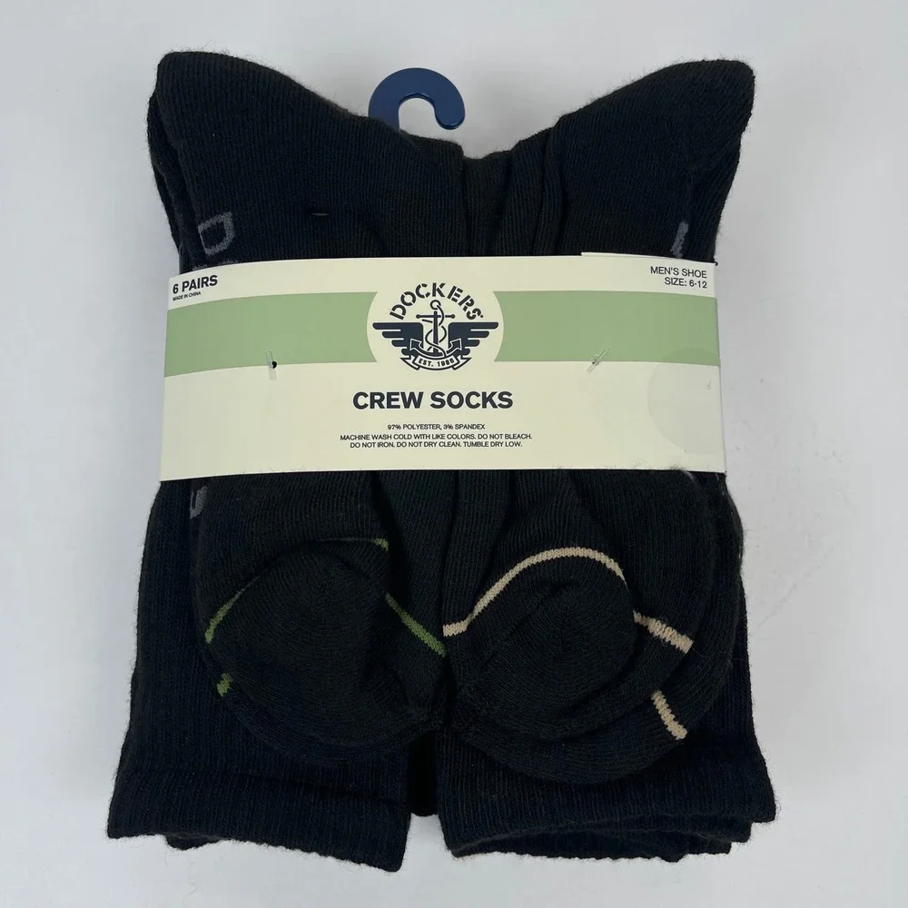 Dockers Comfort Crew Socks Mens 6-12 Black 6 Pairs Ribbed Logo Multipack